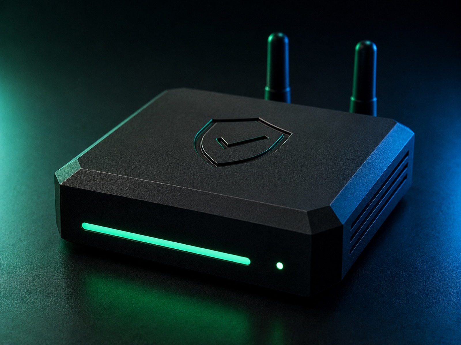Veil CloakBox appliance — matte black with a green light bar and shield mark